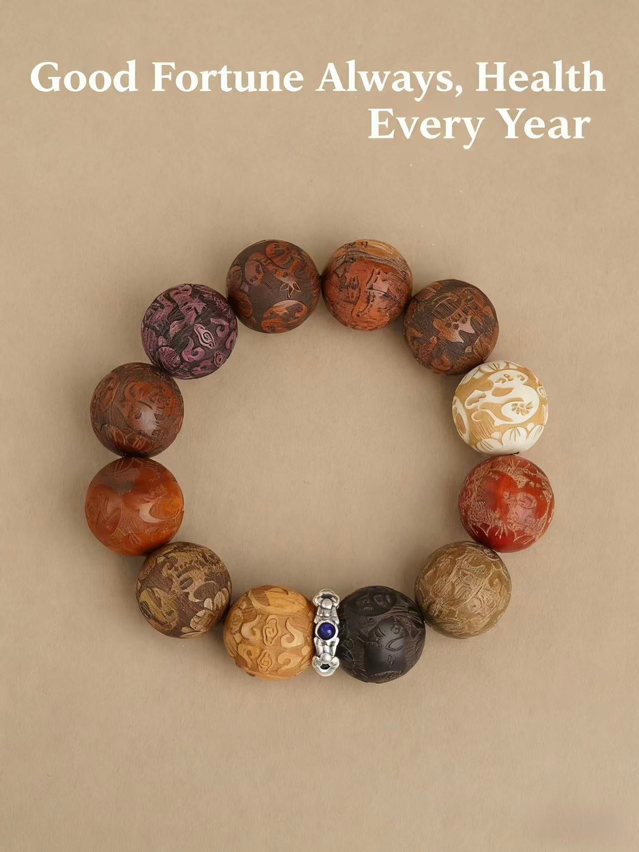 Chinese ICH Zodiac Bracelet for Birth Year - Made of Green Sandalwood, Huanghuali & Golden Nanmu